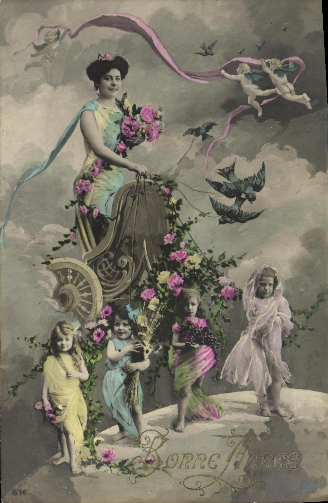 VINTAGE POSTCARD Happy New Year Woman Angels