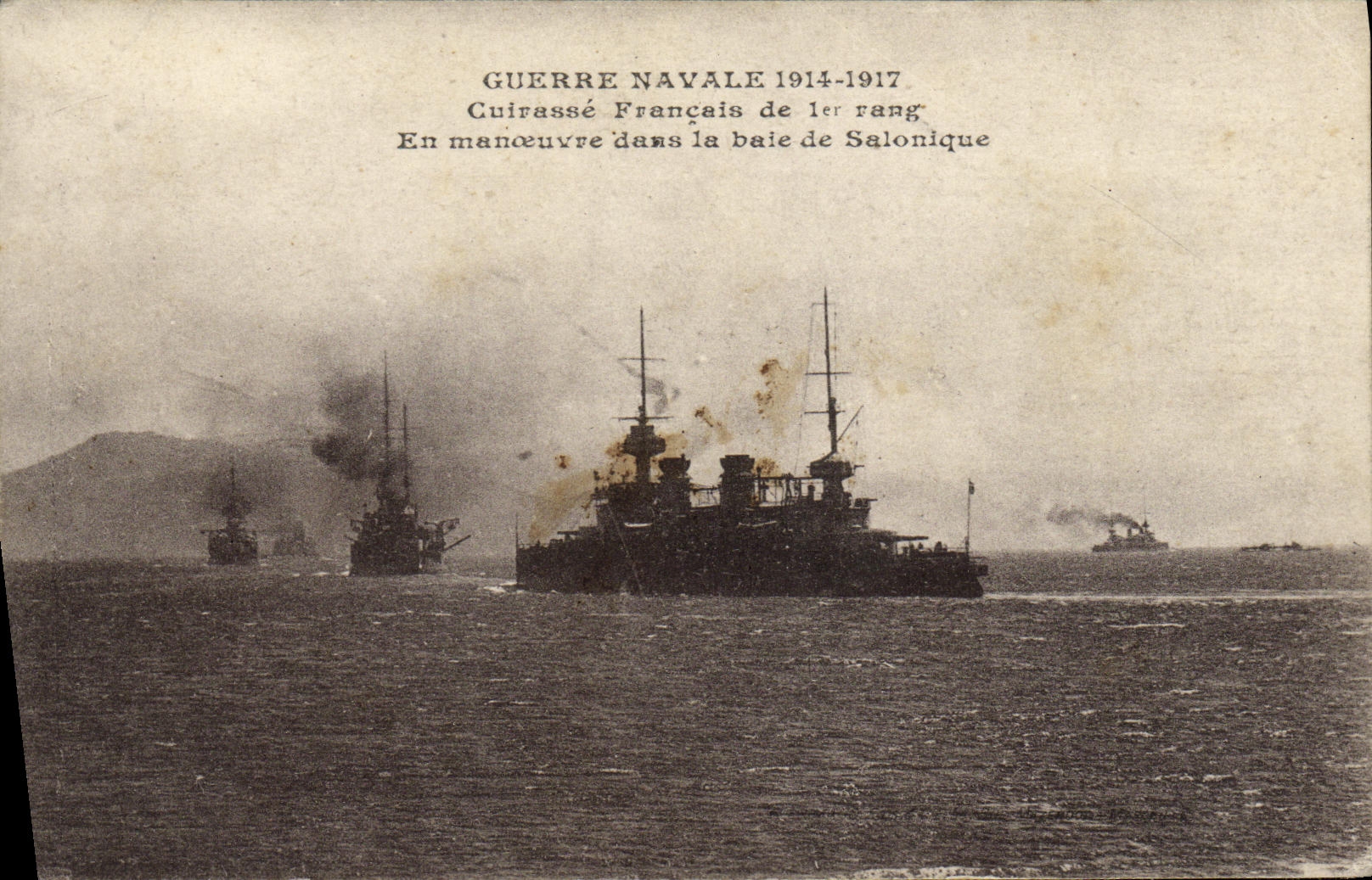 VINTAGE POSTCARD Naval Guerre 1914 1917 French Cuirasse 1st rank operates some in bay of Salonique Greece