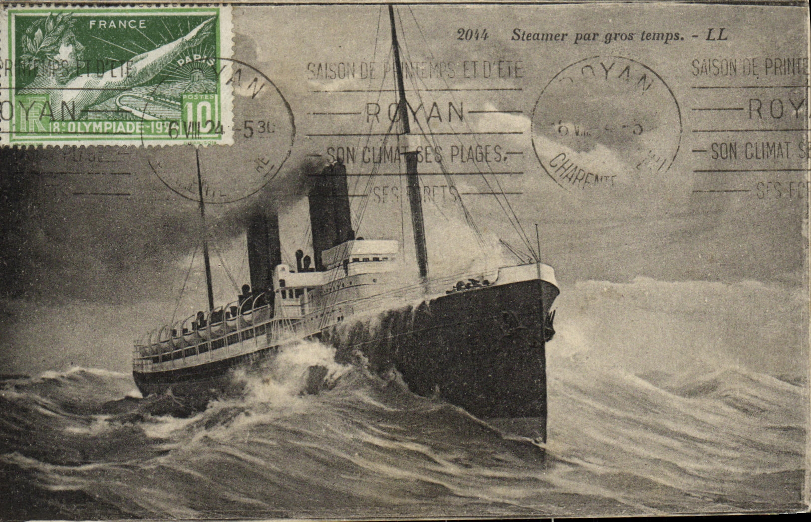 El vapor de la POSTAL de la VENDIMIA por el tiempo pesado de Bateau estampa el salon de Flamme Royan de los Juegos Olimpicos del resorte y D sea