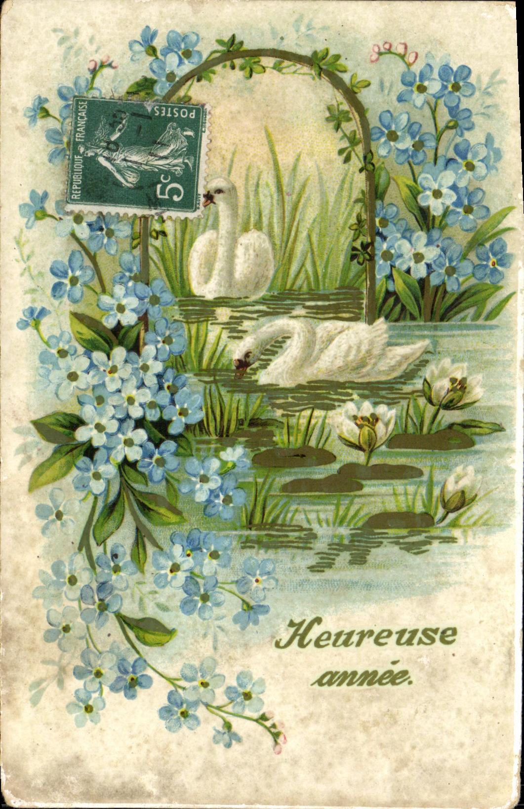VINTAGE POSTCARD Happy year Swans