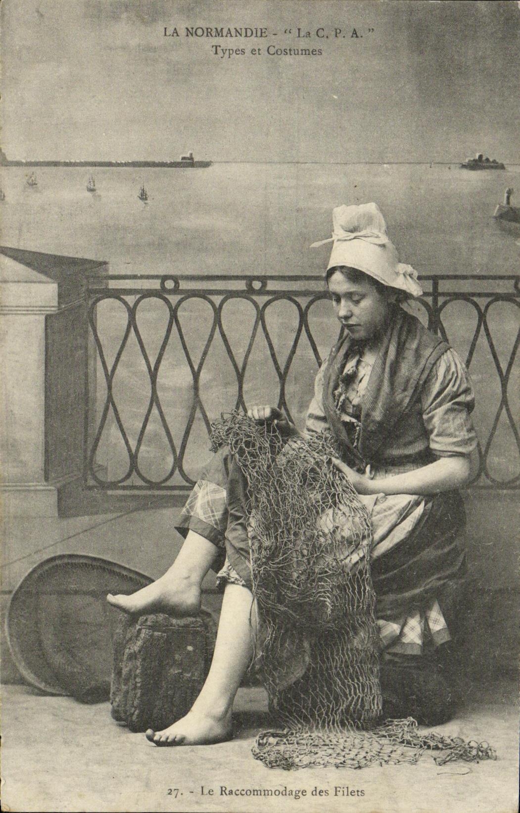 VINTAGE POSTCARD Normandy C P has Standard and Costumes Fishes the racomodage nets