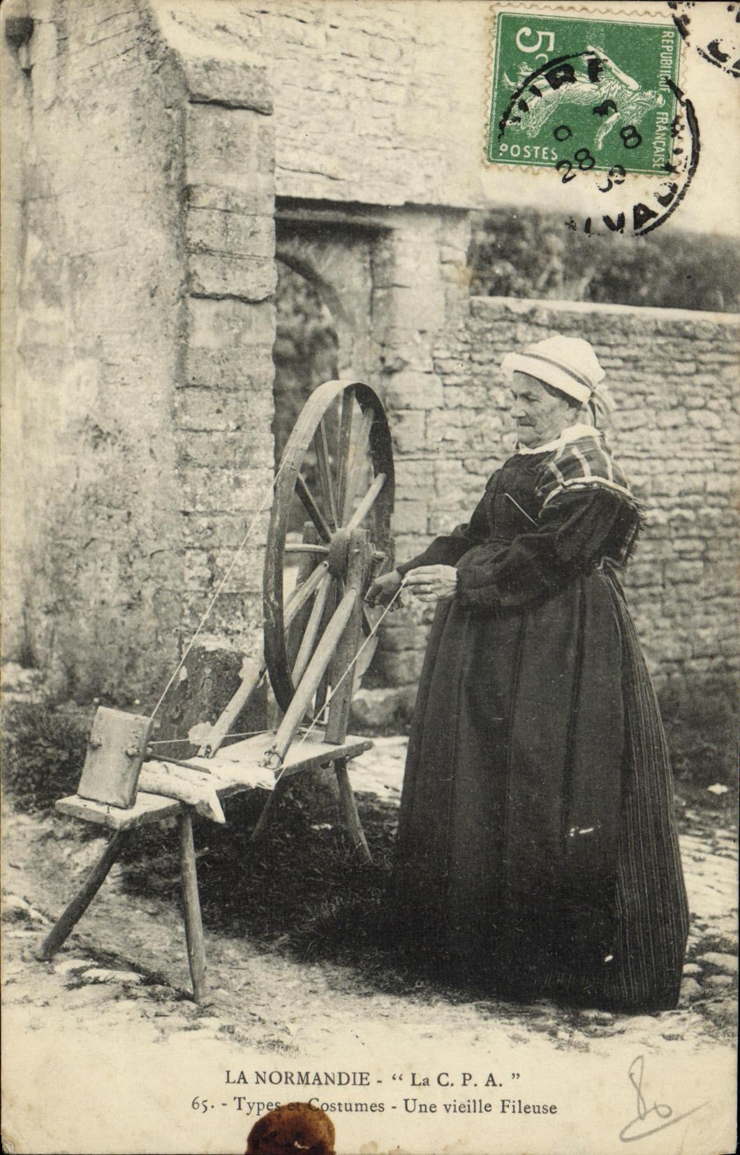 VINTAGE POSTCARD Normandy C P has Standard and Costumes an old Ropemaking machine