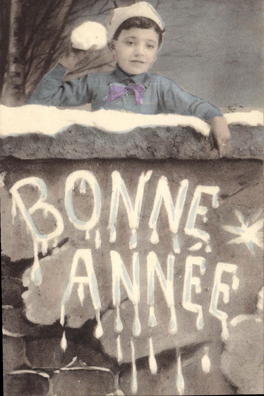 VINTAGE POSTCARD Happy New Year Child Snowballs