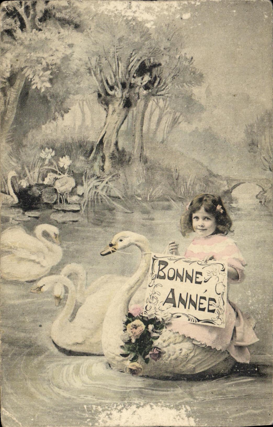 CPA Bonne Annee Enfant Cygne