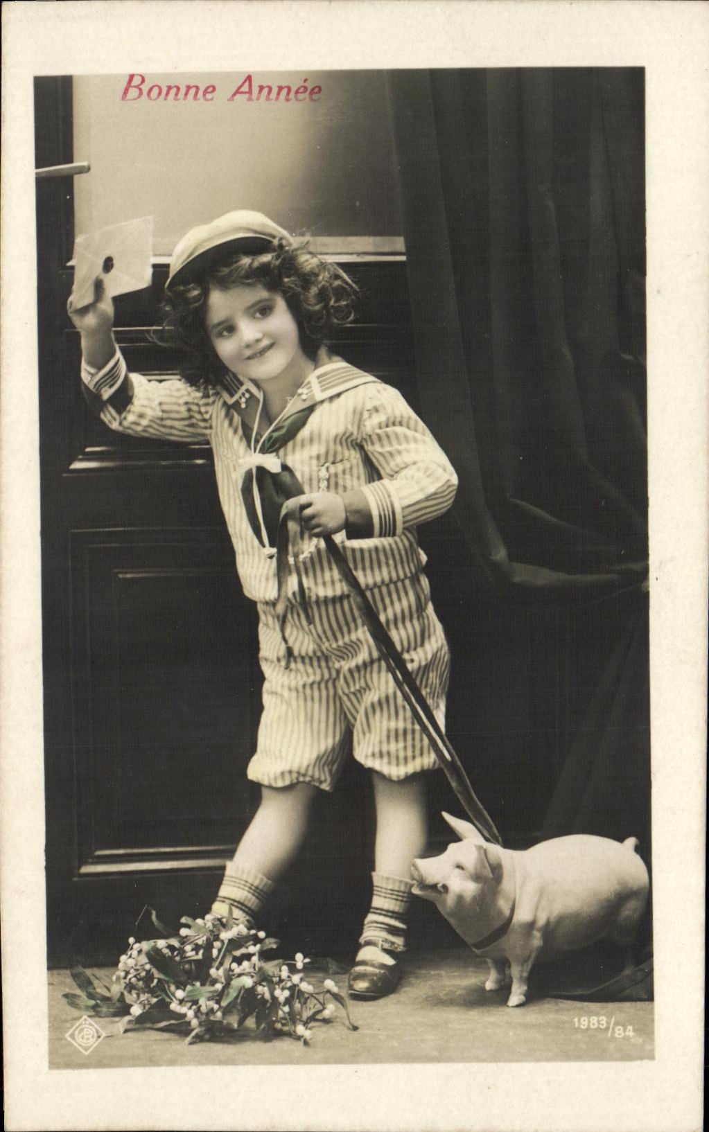 CPA Bonne Annee Enfant Cochon 