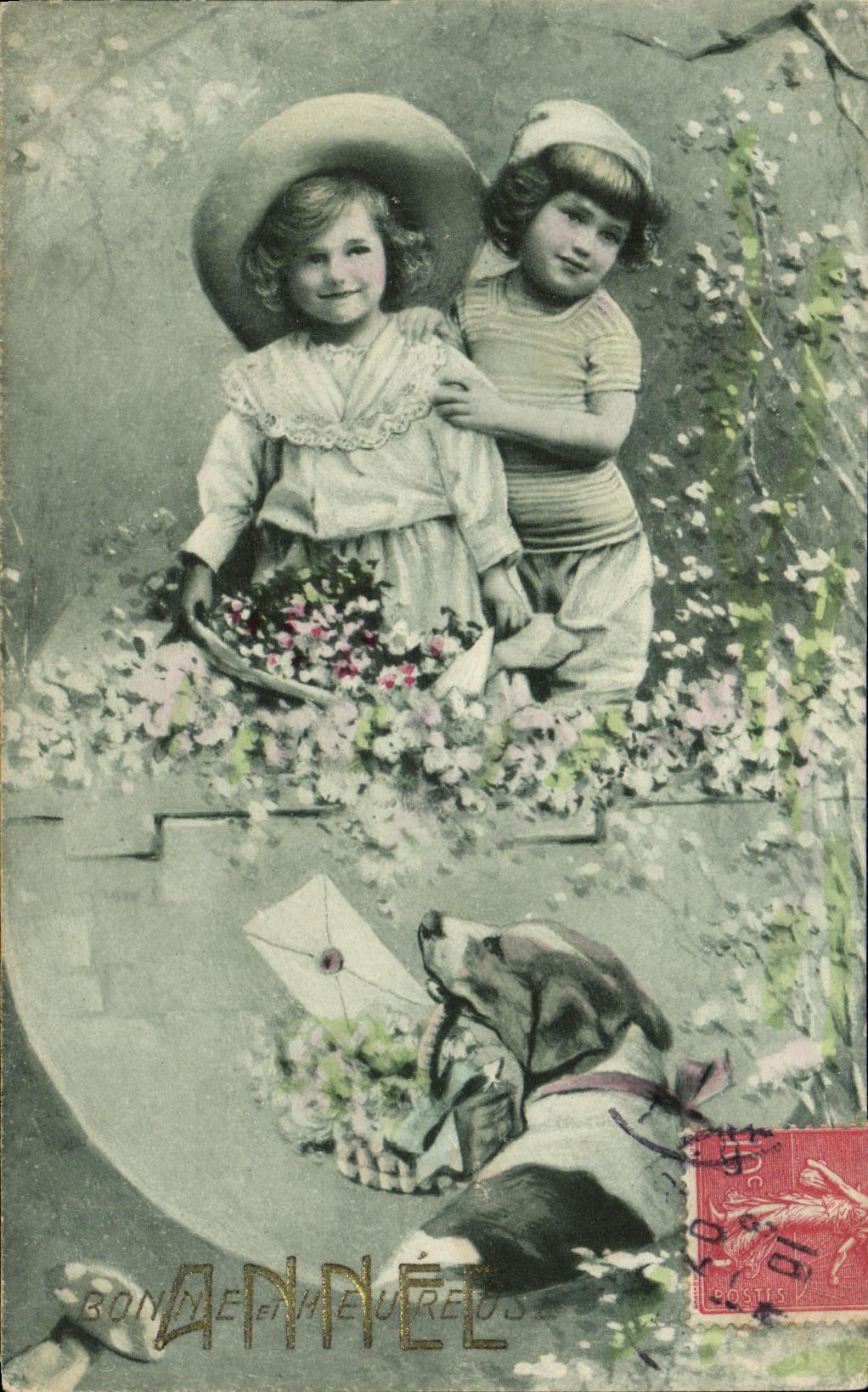 VINTAGE POSTCARD Happy New Year Children Dog