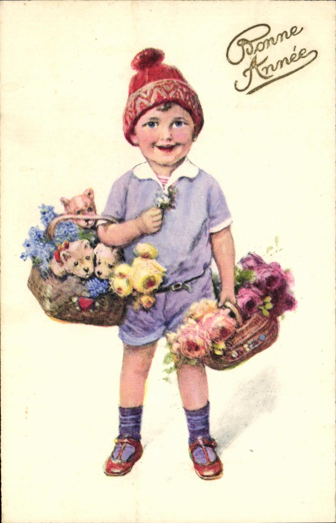 VINTAGE POSTCARD Happy New Year Child Dogs Pups