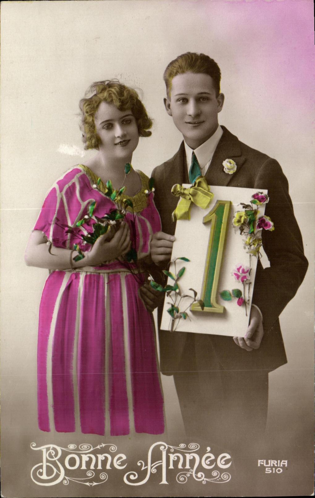 CPA Bonne Annee Couple FEmme