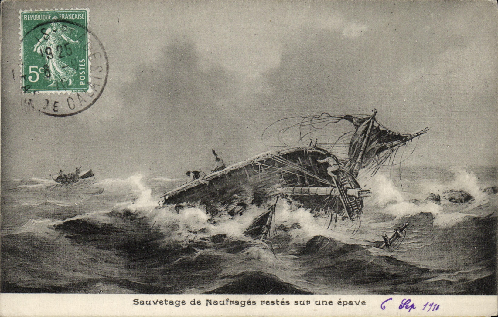 VINTAGE POSTCARD Rescue of Shipwrecks remainders on a wreck