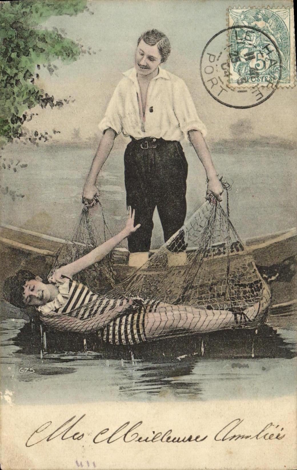 CPA Fantaisie Femme dans les filets