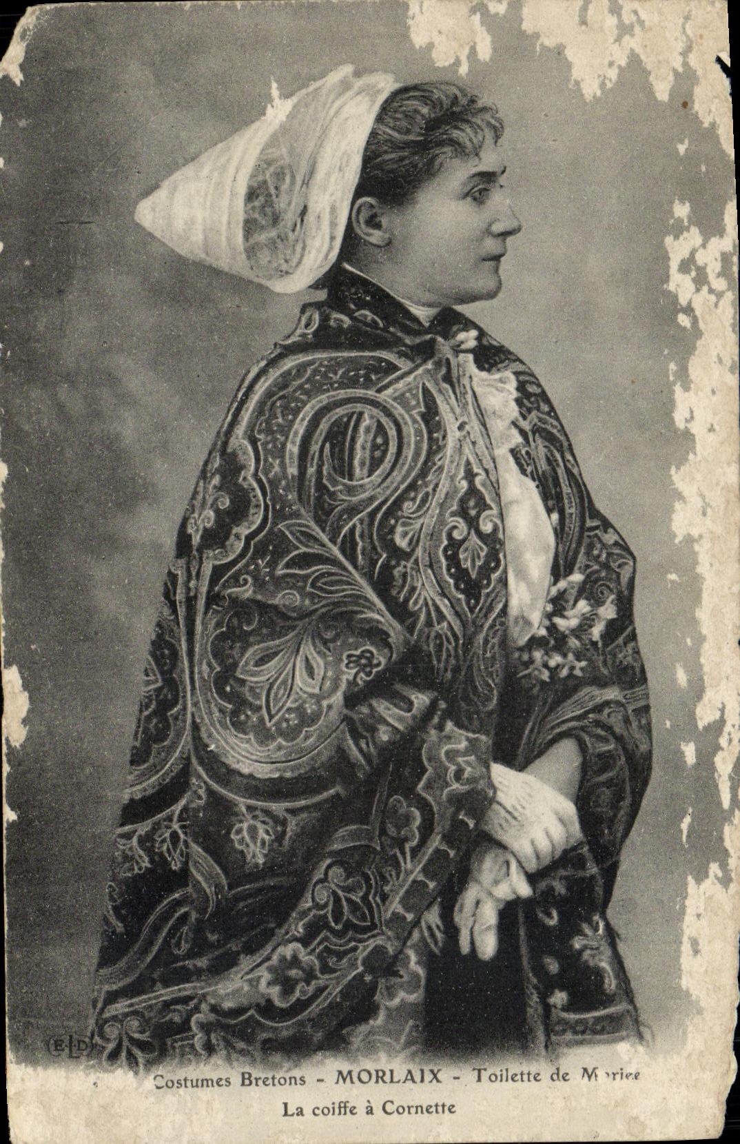 El casquillo del vestido de boda de Morlaix de los trajes del breton de la POSTAL de la VENDIMIA tiene Cornette