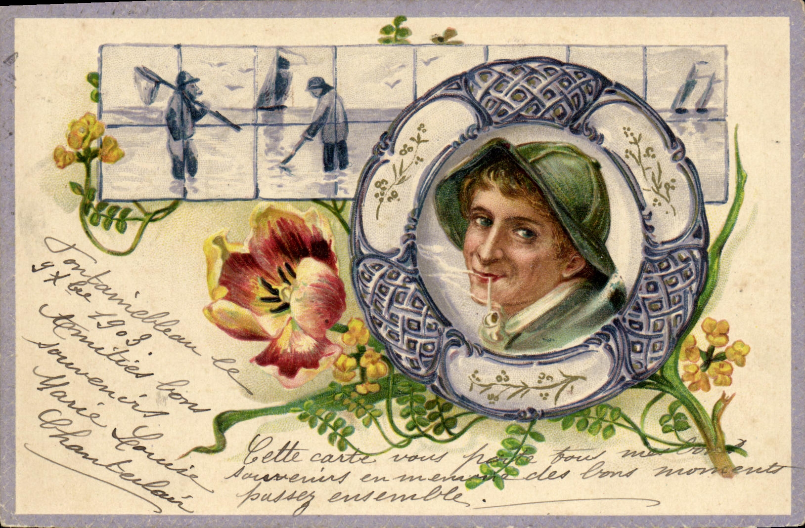 CPA Pecheur Bouee Fleurs Marin 