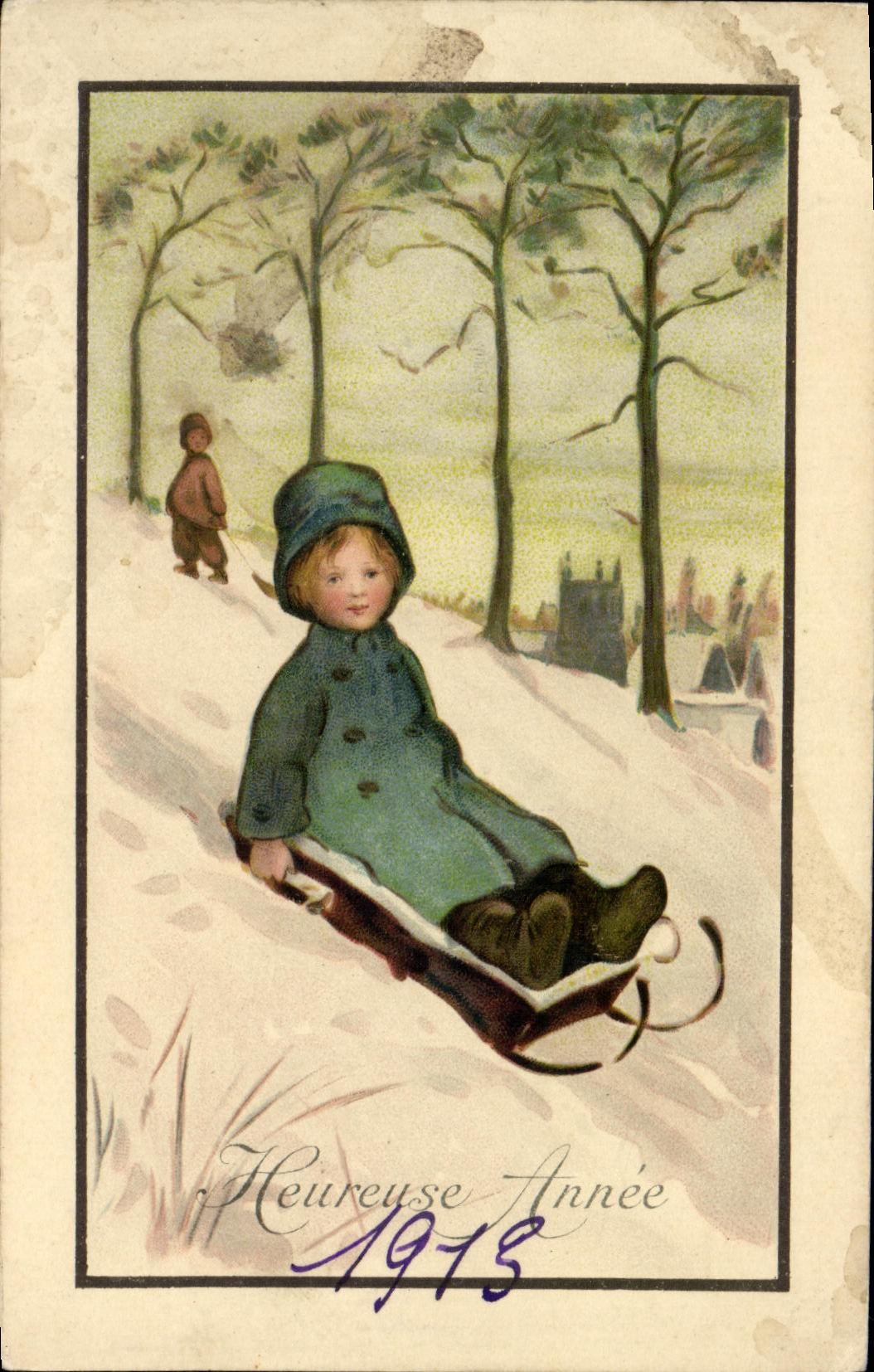 VINTAGE POSTCARD Happy Year Child Toboggan