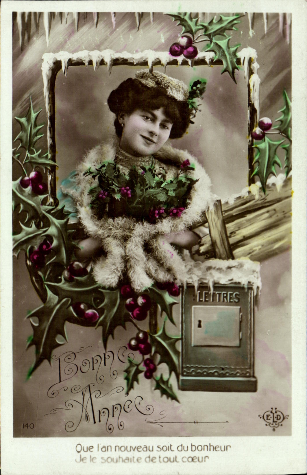 VINTAGE POSTCARD Happy New Year Woman Letter box