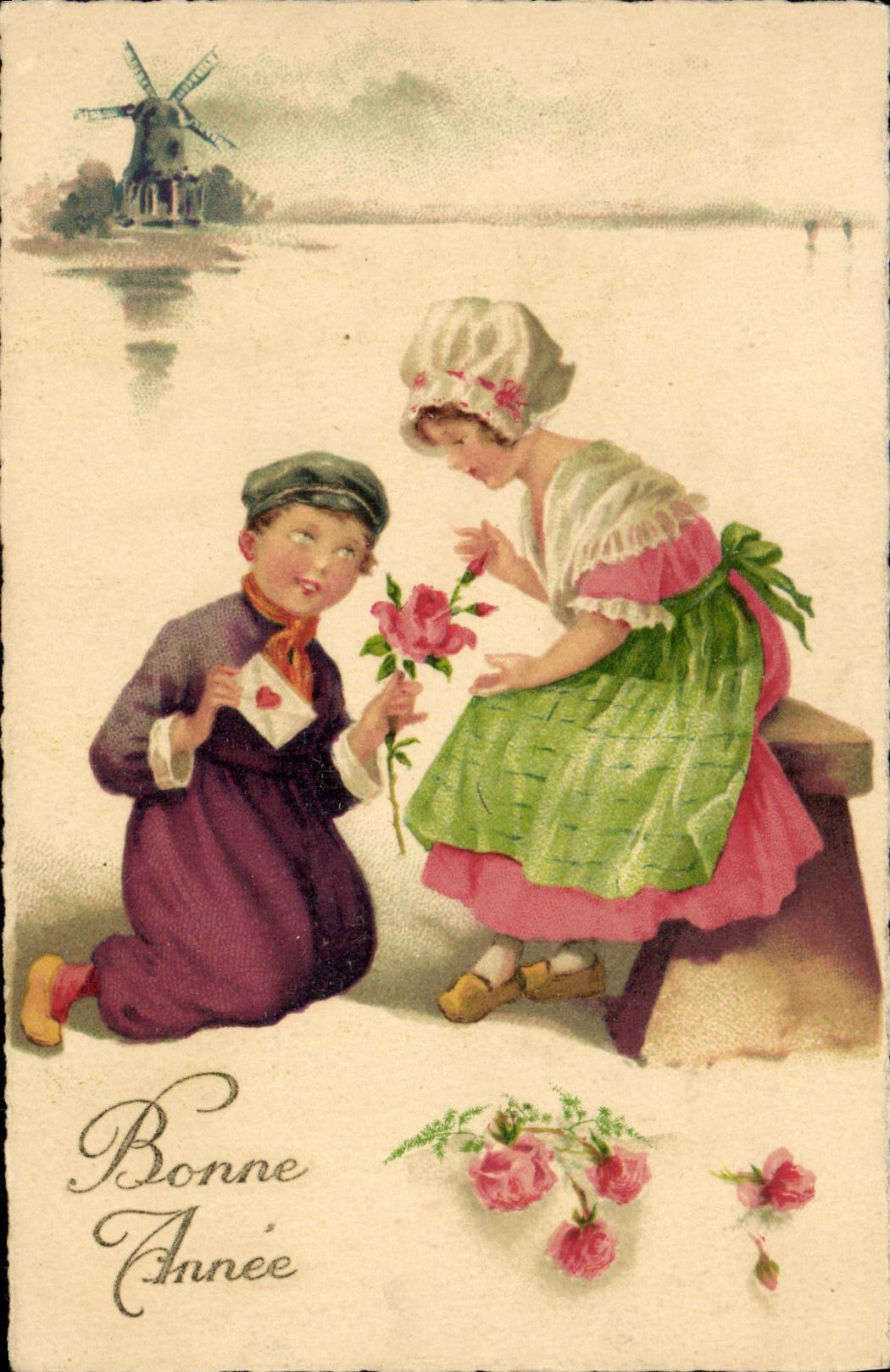 CPA Bonne Annee Enfants Moulin a vent