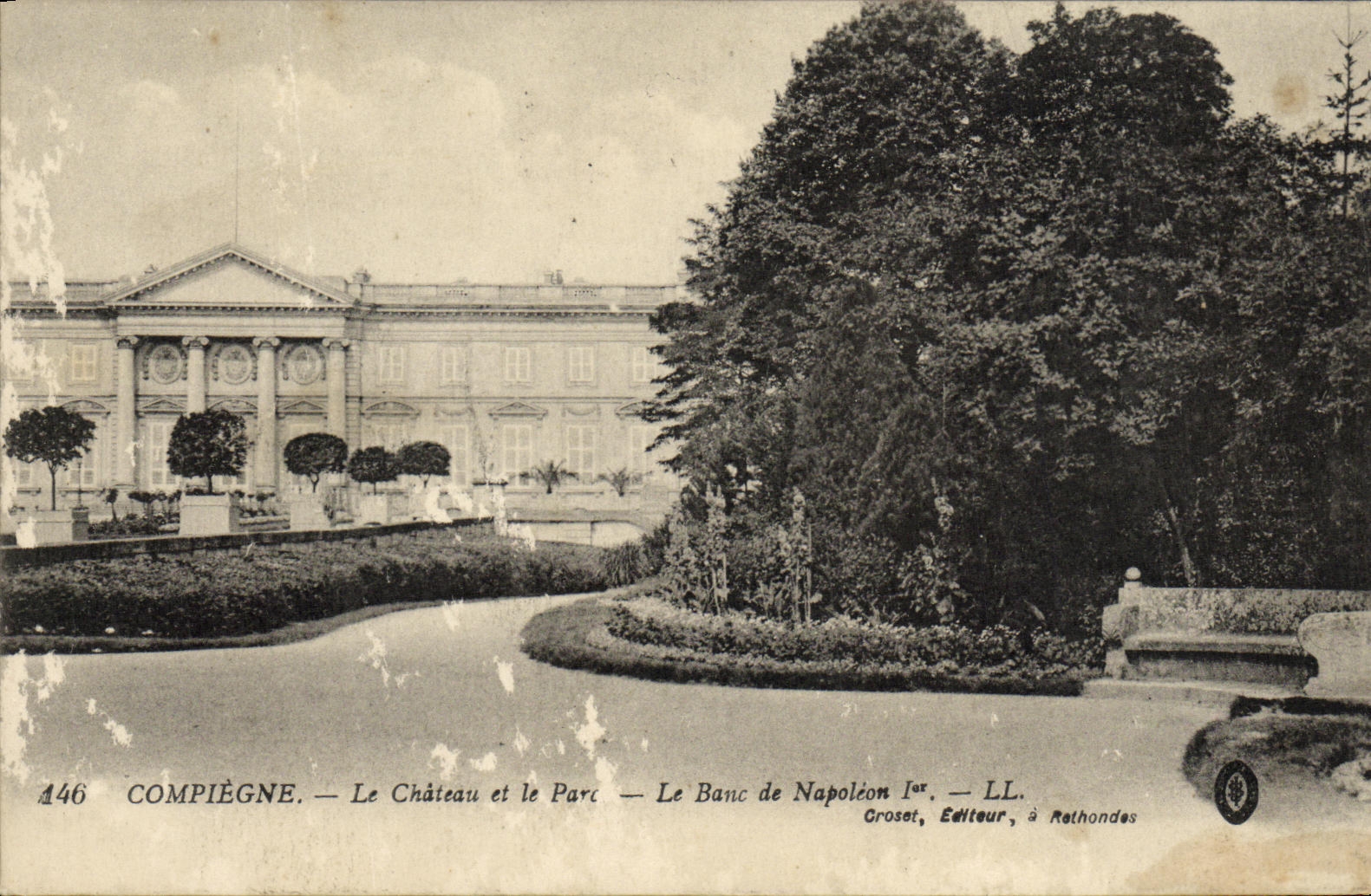 POSTAL Compiegne de la VENDIMIA el castillo y el parque el banco de Napoleon 1r