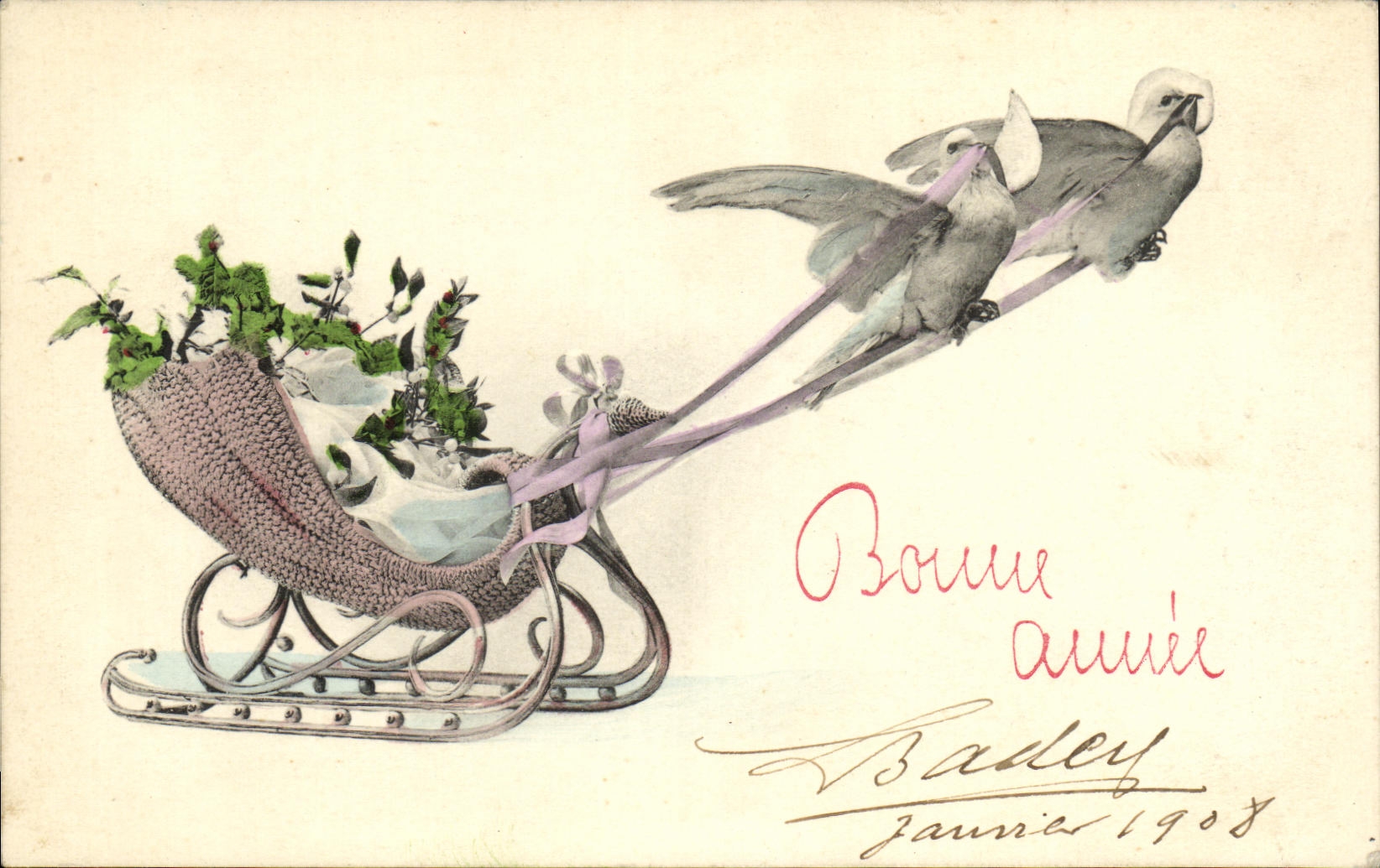 VINTAGE POSTCARD Bonnee Year Sledge Doves