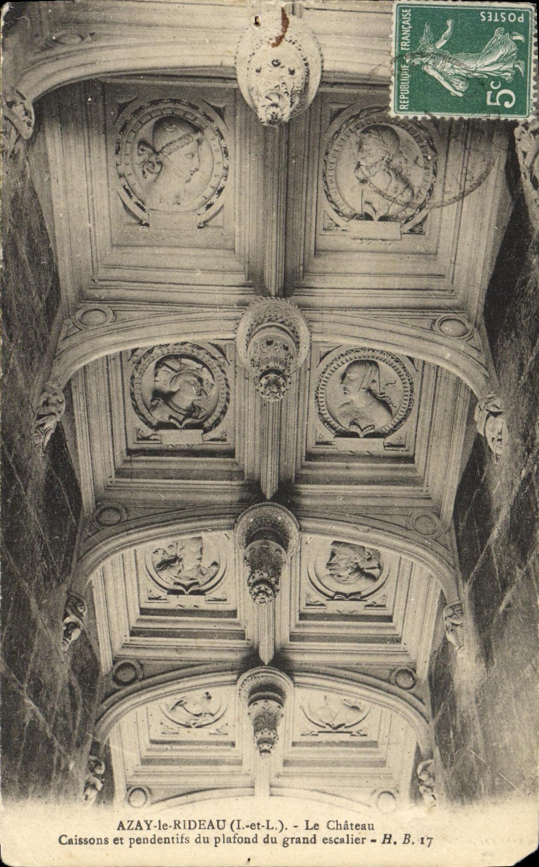 VINTAGE POSTCARD Azay the Curtain the Casissons Castle and Pendentifs of the Ceiling of Large