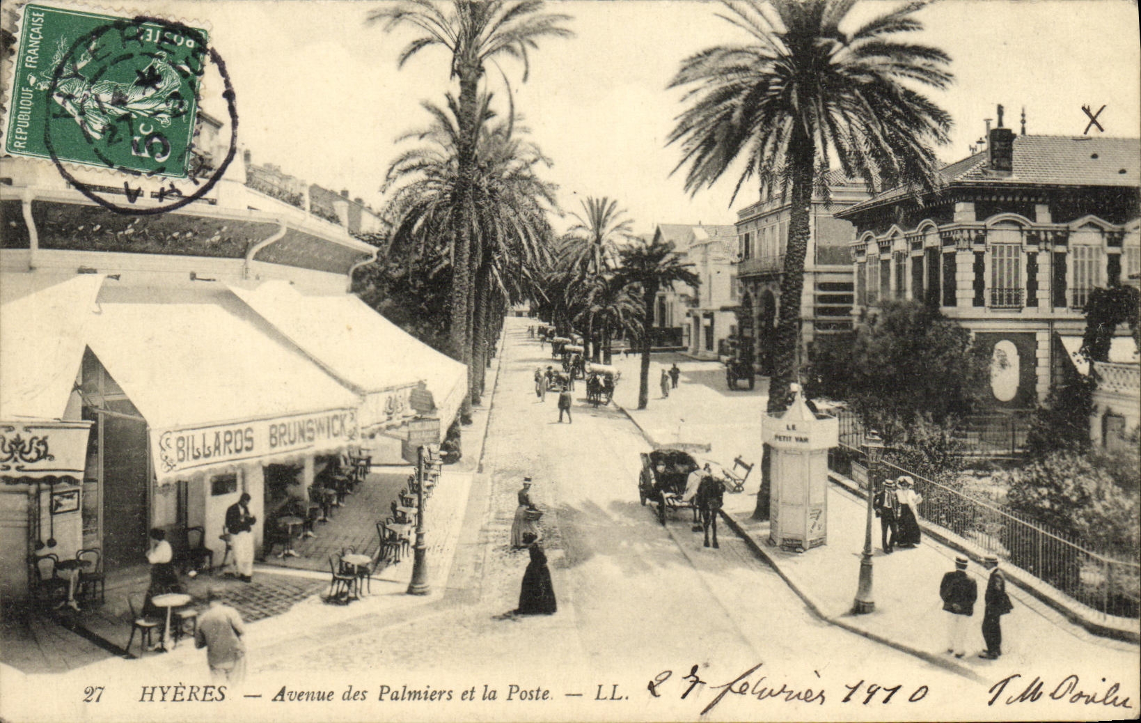 Avenida de Hyeres de la POSTAL de la VENDIMIA de las palmeras y de los billares Brunswick de la oficina de correos