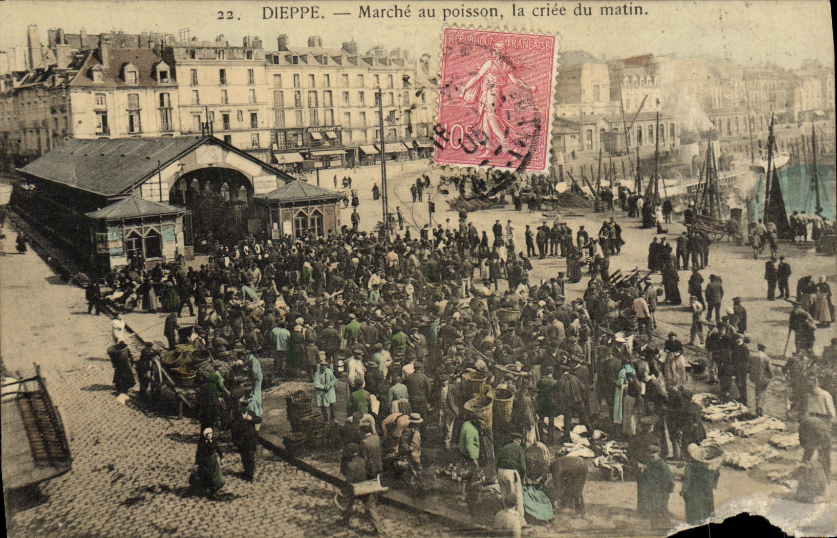La POSTAL Dieppe de la VENDIMIA va al Poisson Criee de la TAPA de la manana