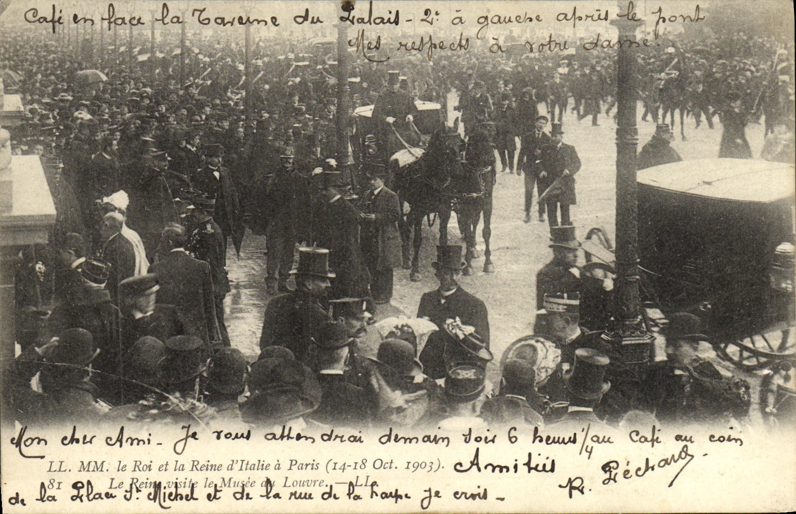 La POSTAL de la VENDIMIA los Sovereigns D Italia tiene Paris que la reina visita el museo de la lumbrera