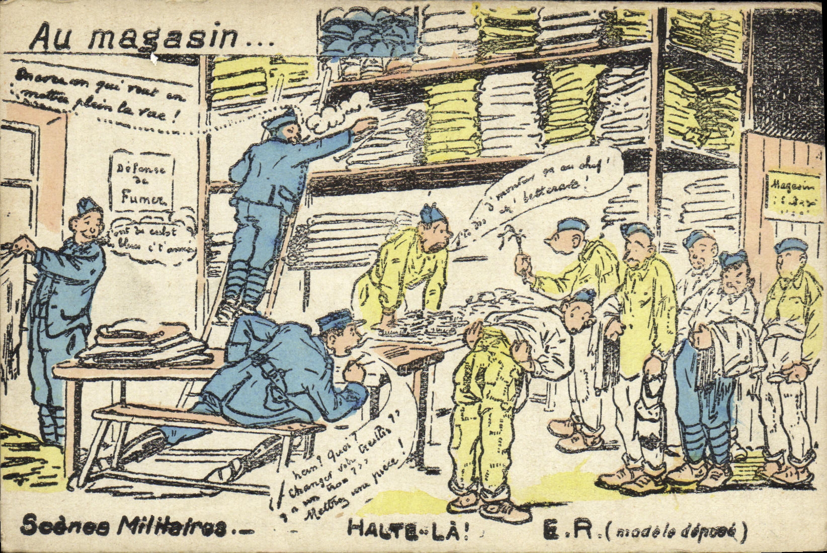 CPA Fantaisie Militaria Au magasin Scenes militaires