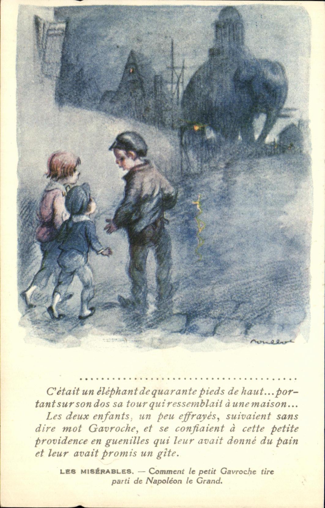 Elefante de Poulbot del ilustrador de la fantasia de la POSTAL de la VENDIMIA los wretches pobres Victor Hugo