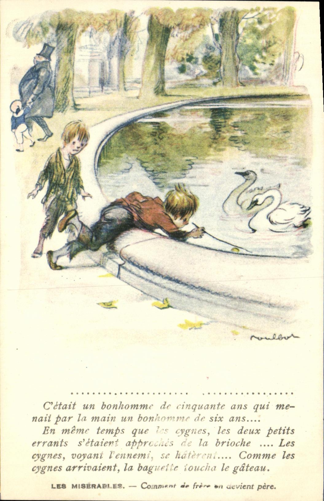 CPA Fantaisie Illustrateur Poulbot Les Miserables Victor Hugo Cygnes Enfants