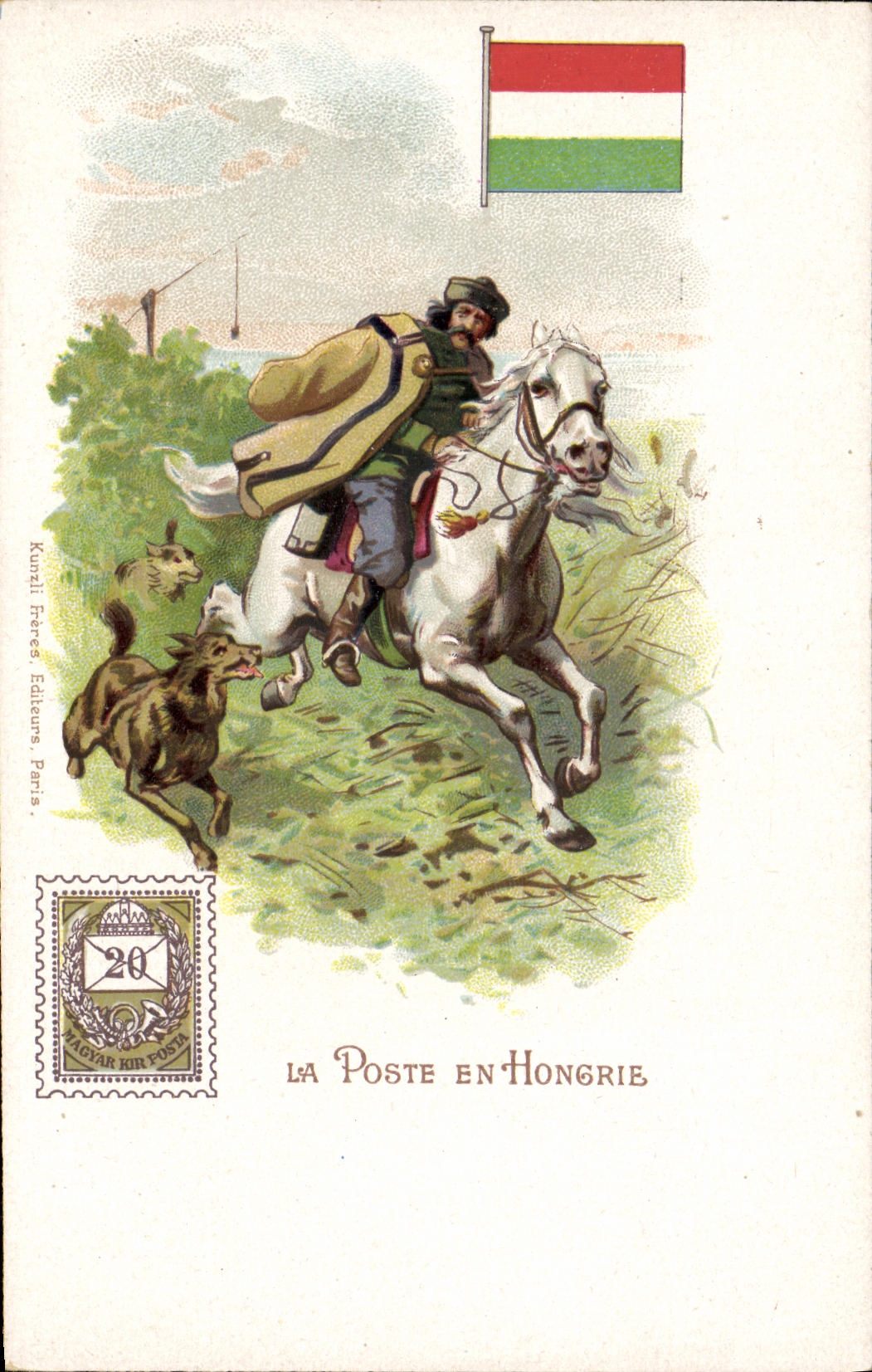 VINTAGE POSTCARD the post office in Honfrie Horse Dog