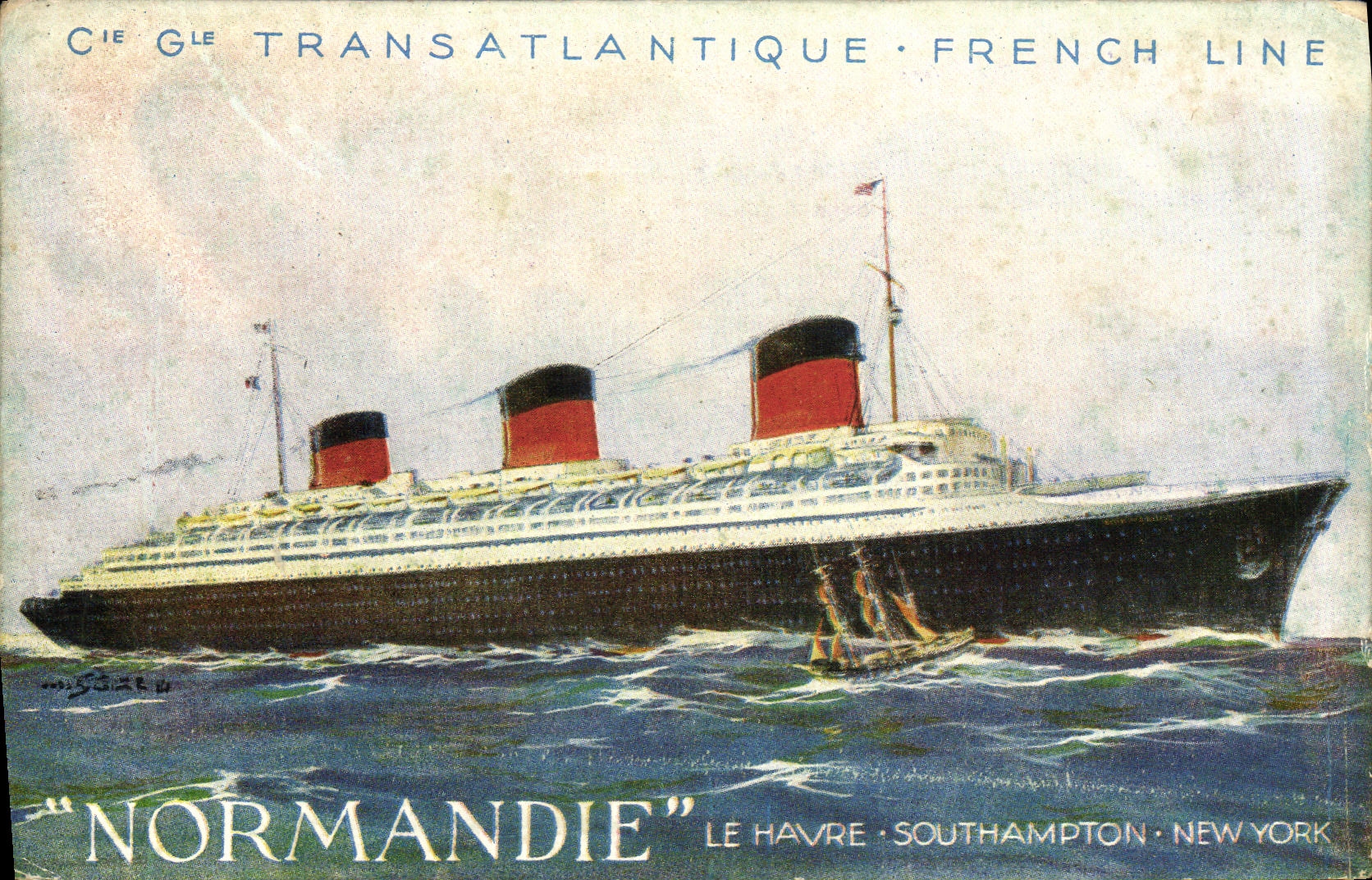 CPA Cie Generale Transatlantique French Line Normandie Le Havre Southampton New York Bateau Paquebot