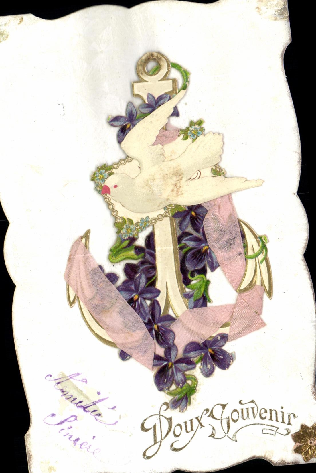 CPA Fantaisie Fleurs Colombe Ancre de marine