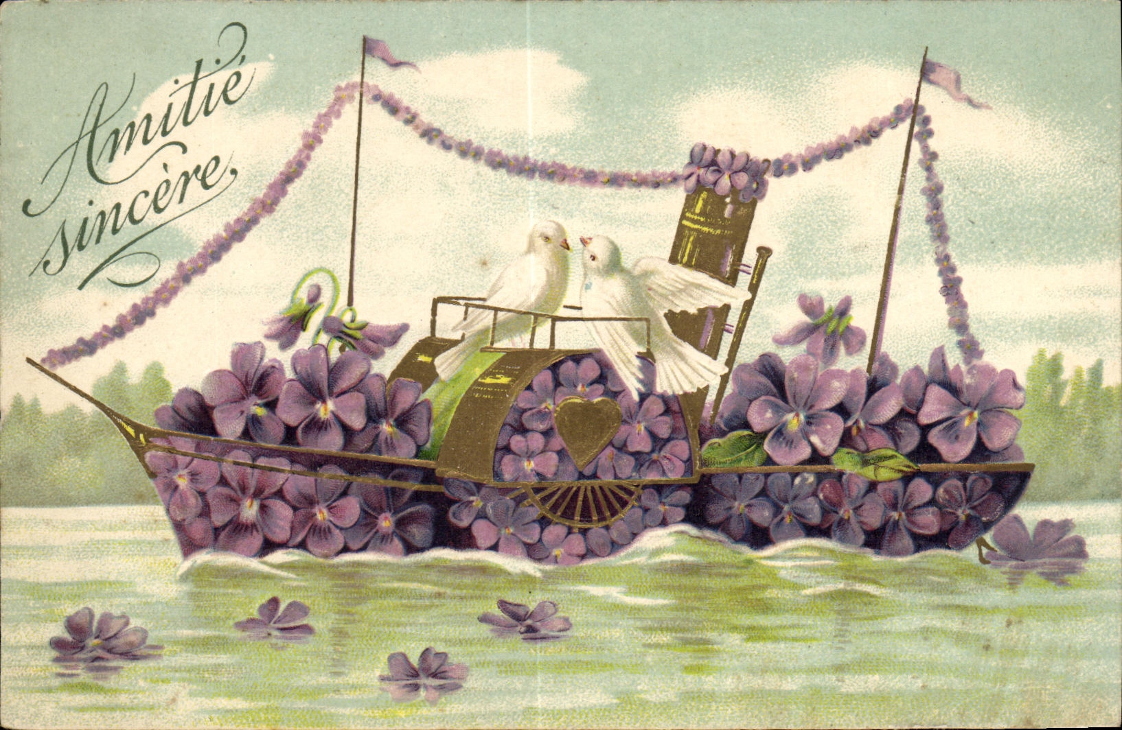VINTAGE POSTCARD Fantasy Boat Flowers Doves