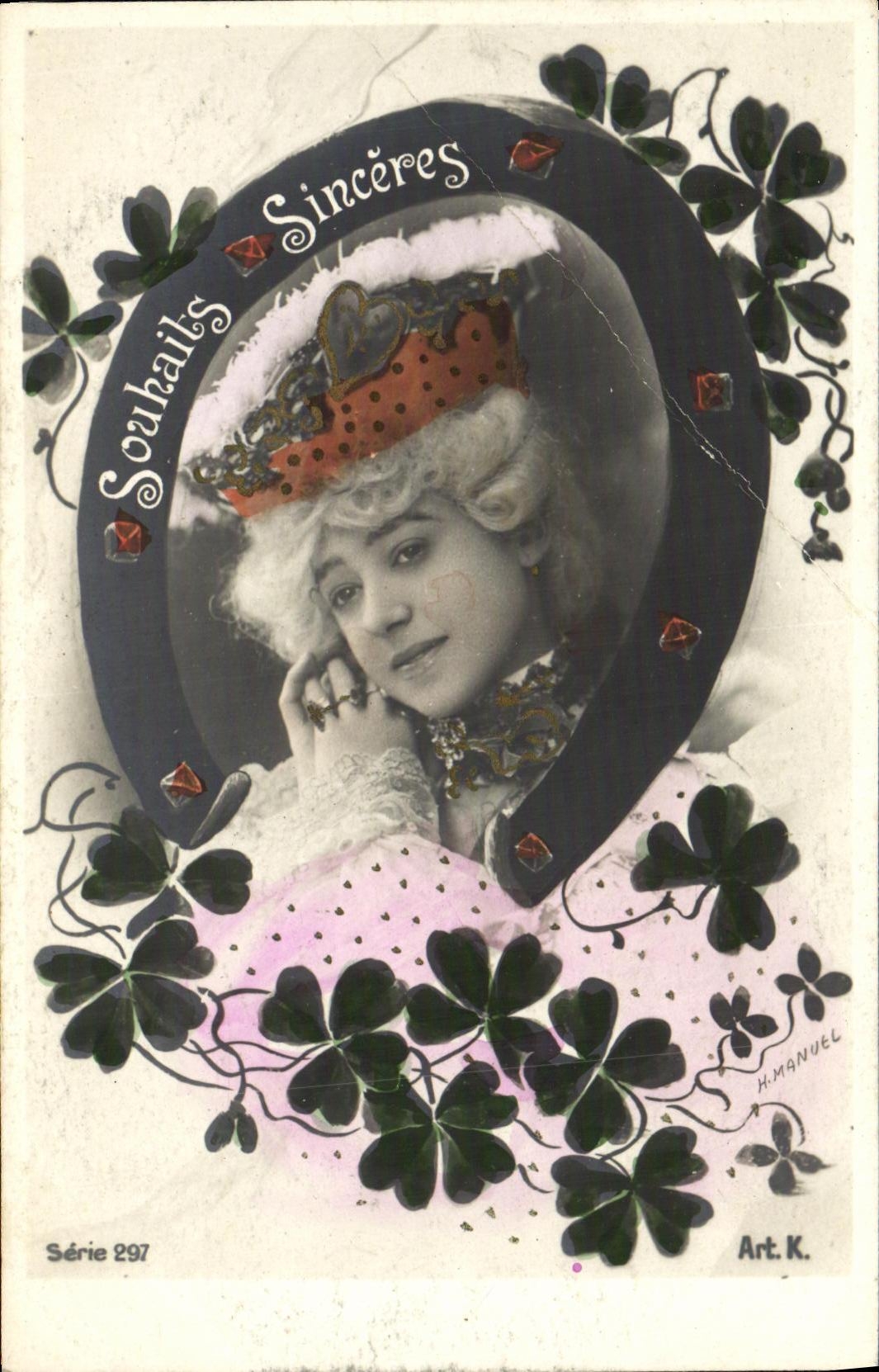 VINTAGE POSTCARD Fantaisie Woman Horseshoe Trefles