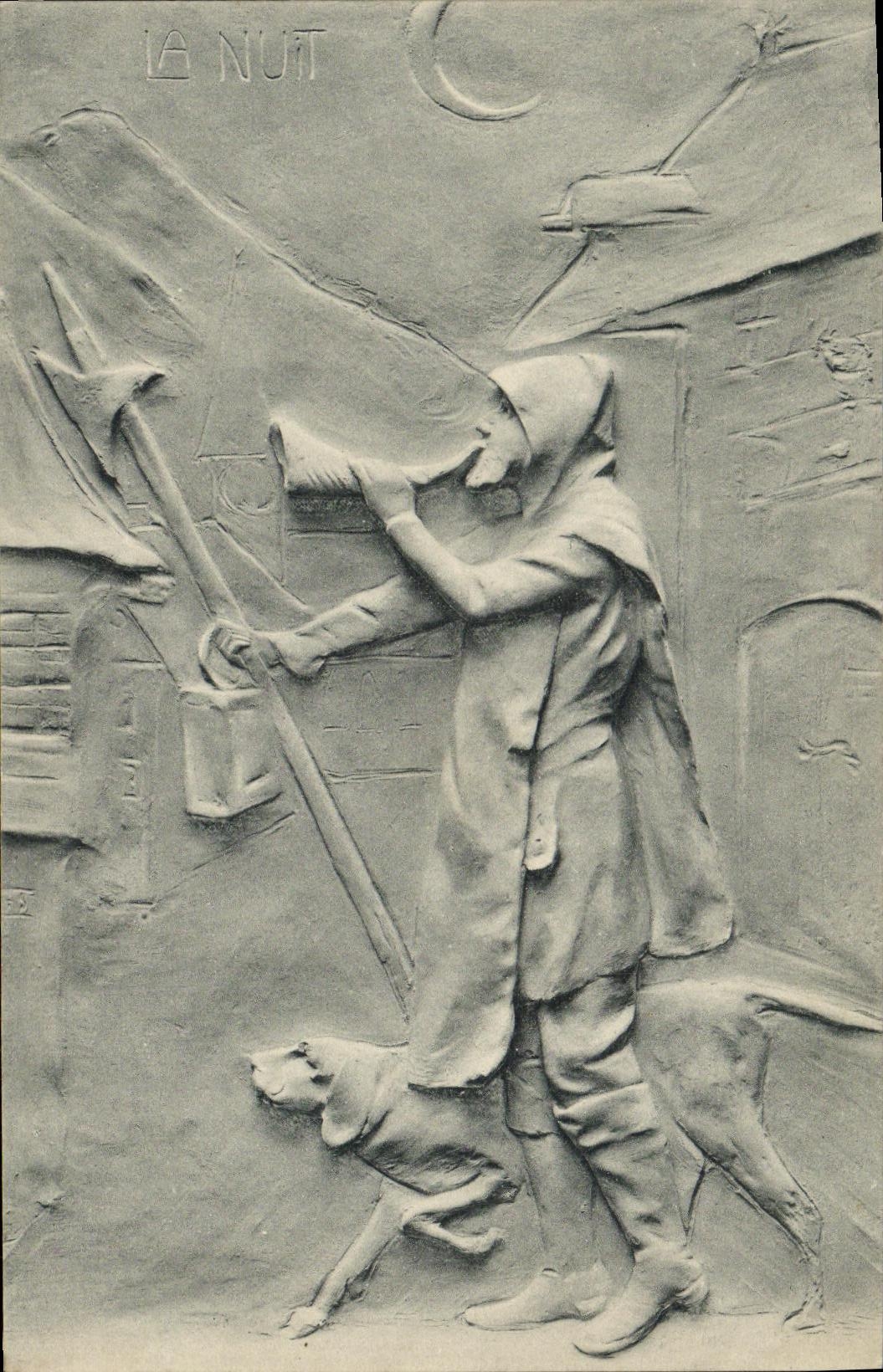 VINTAGE POSTCARD Fantasy Woman the night Dog