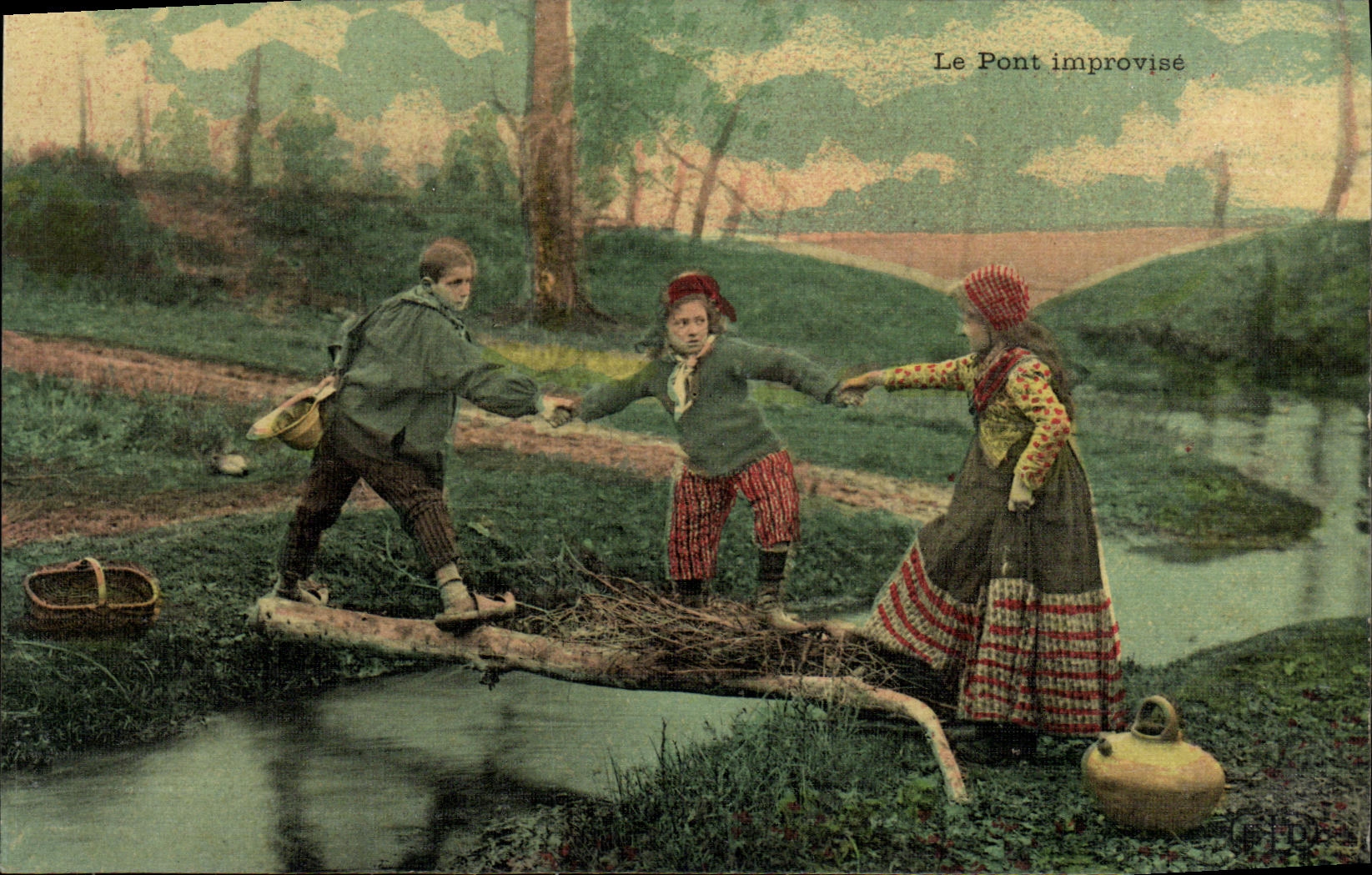 VINTAGE POSTCARD Fantaisie Woman the bridge improvises chart toilee