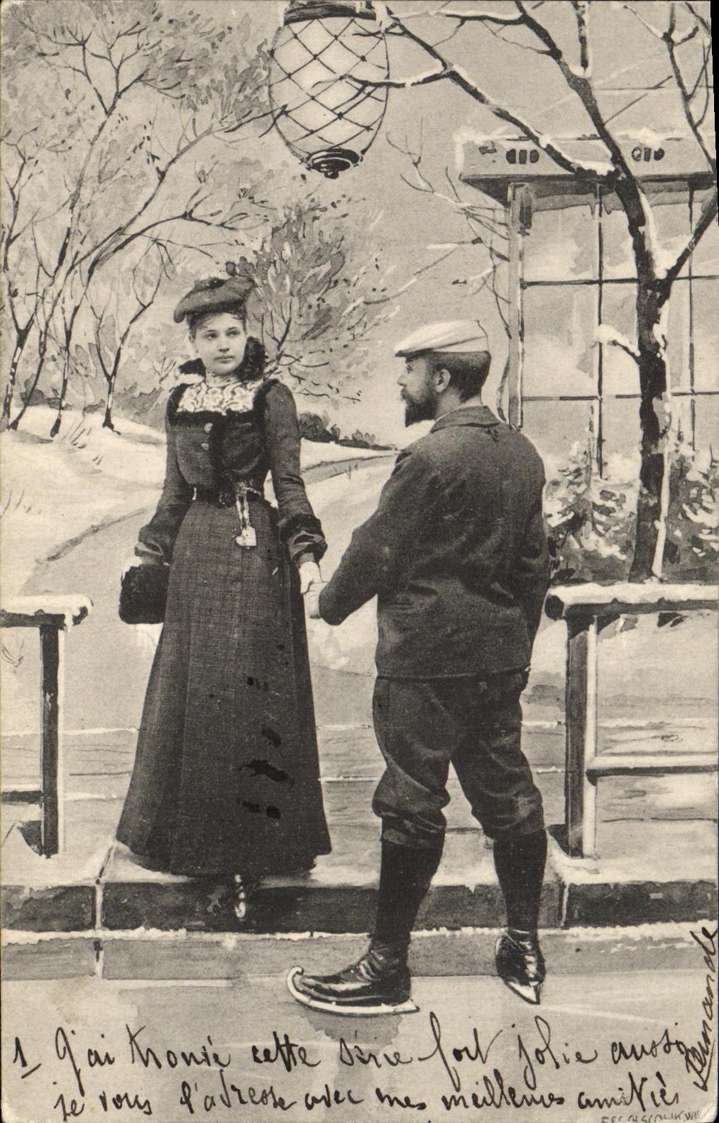 CPA Fantaisie Femme Couple Patins a glace