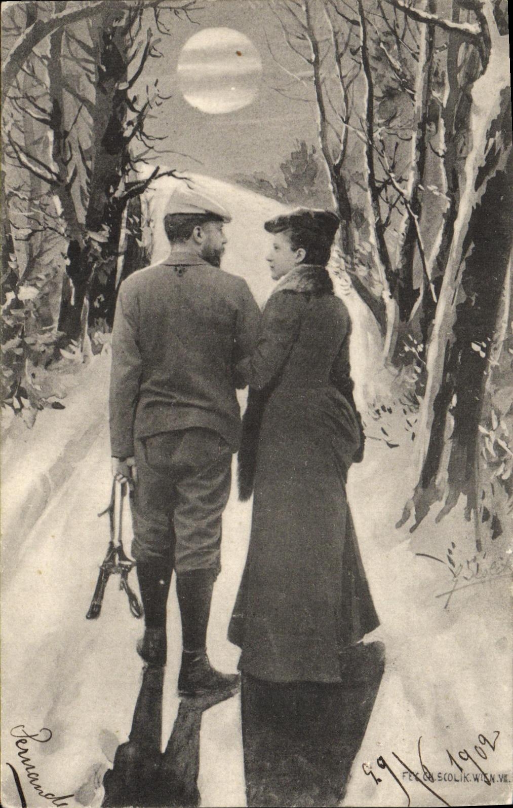 CPA Fantaisie Femme Couple Patins a glace