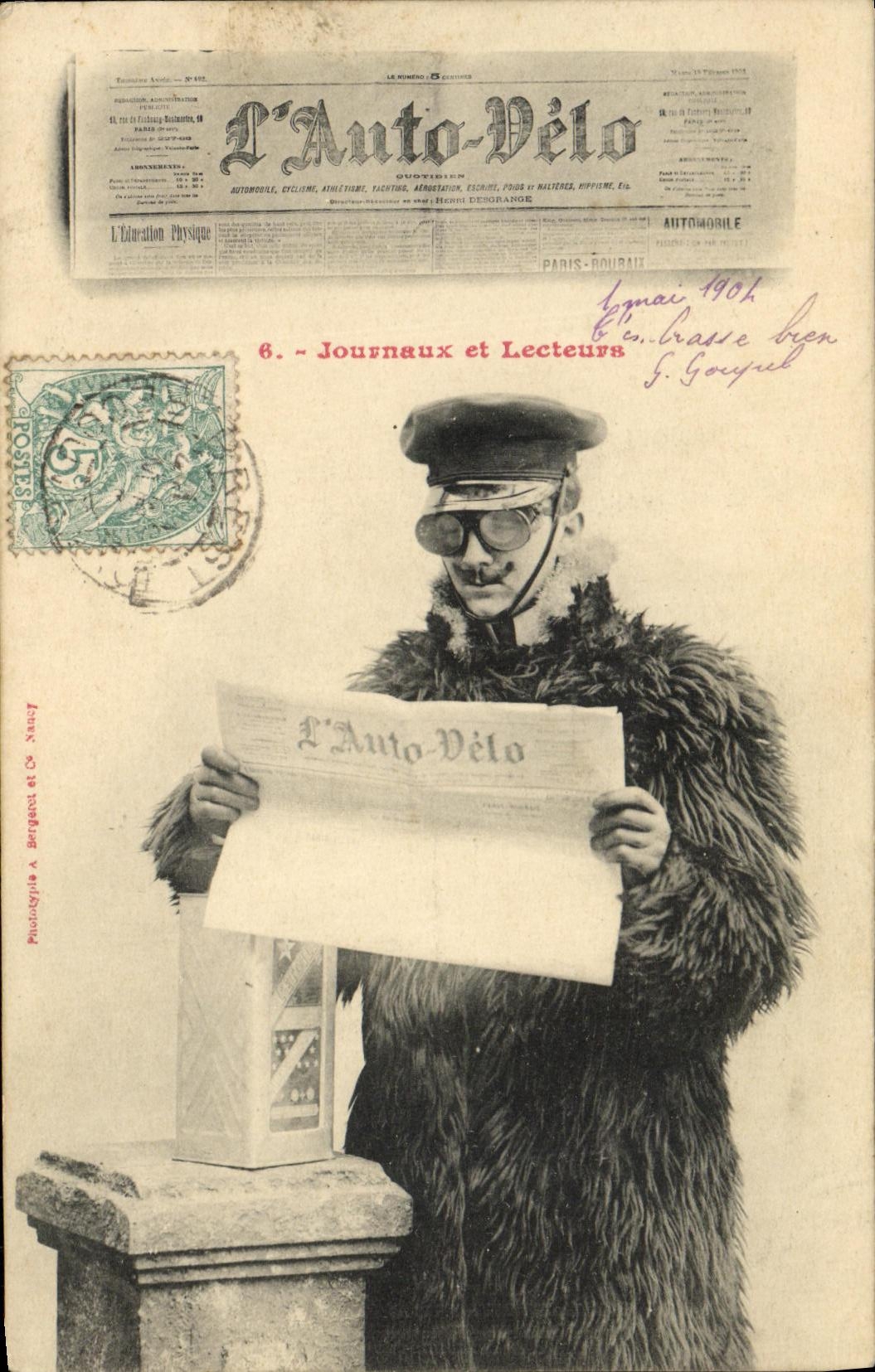 VINTAGE POSTCARD Fantaisie Man Newspaper L Velo car Cycles Automobile