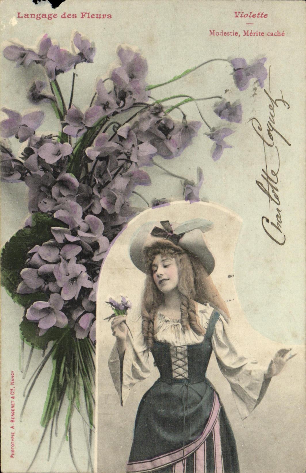 CPA Fantaisie Femme Langage des fleurs Violette 