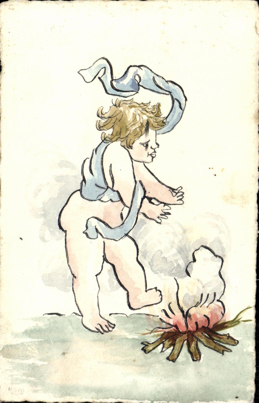 CPA Fantaisie Enafnt au coin du feu dessin a la main 