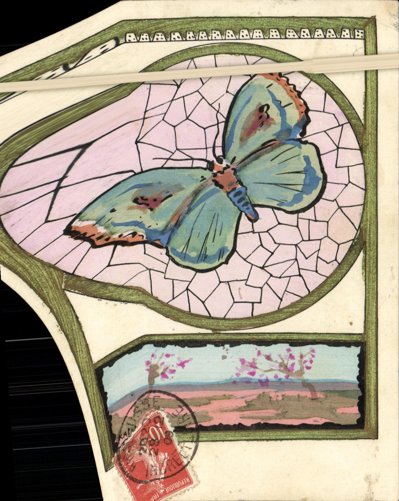 Decoracion de la mariposa de la fantasia de la POSTAL de la VENDIMIA realizada en parte con la mano