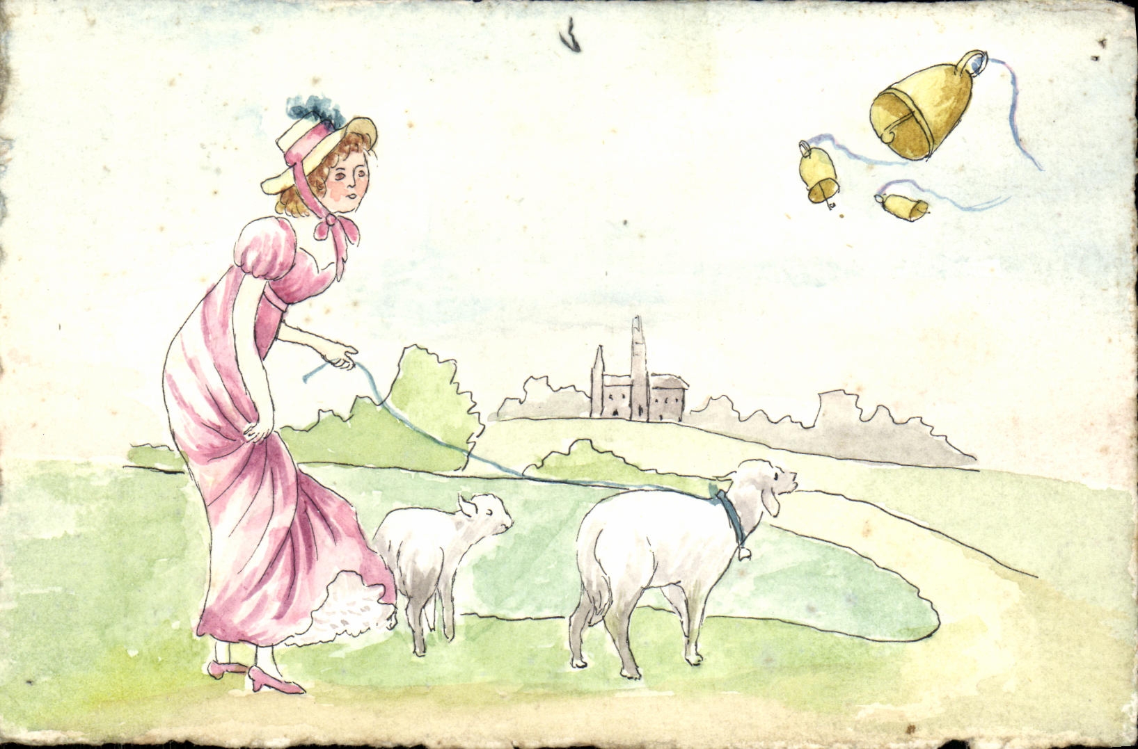 VINTAGE POSTCARD Fantasy Woman Sheep HAND MADE