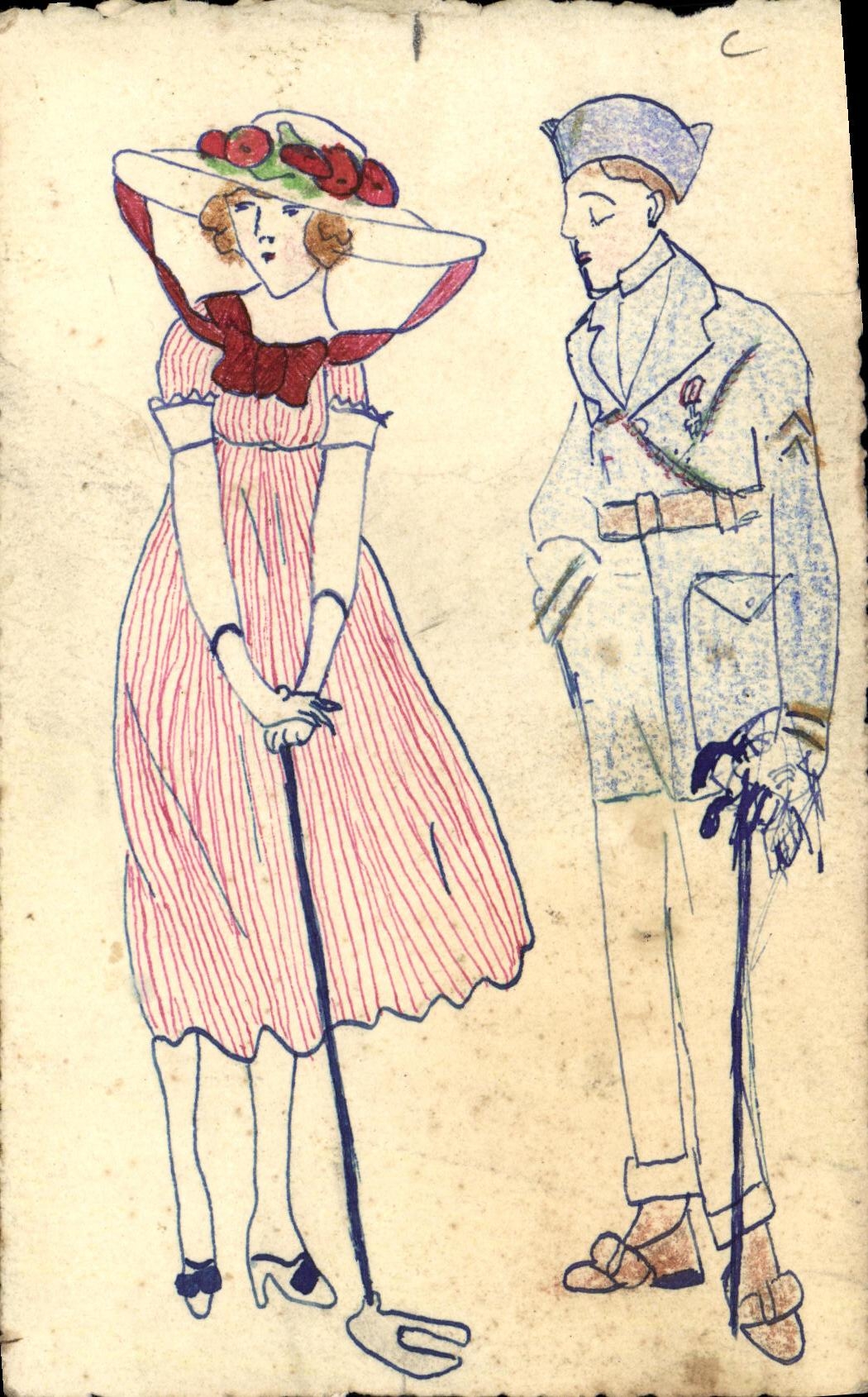 VINTAGE POSTCARD Fantasy Woman Soladt Militaria PAINTED with the hand