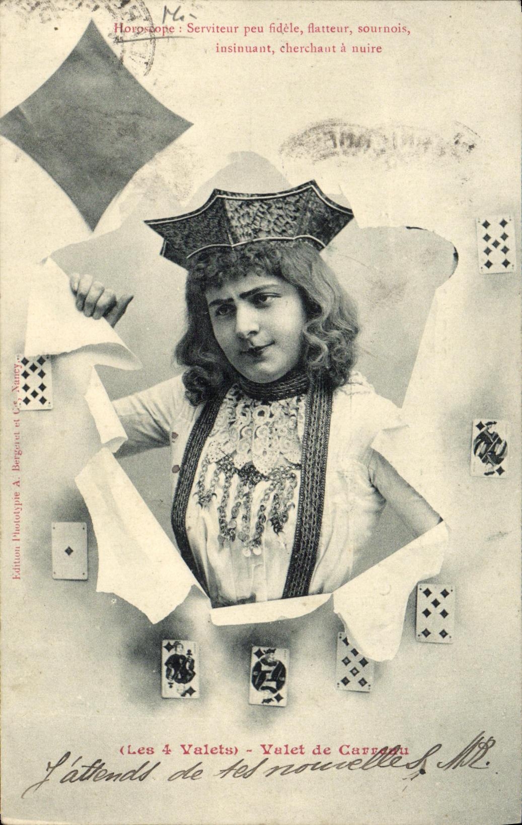 VINTAGE POSTCARD Fantasy the 4 servants Knave of diamonds Horoscope