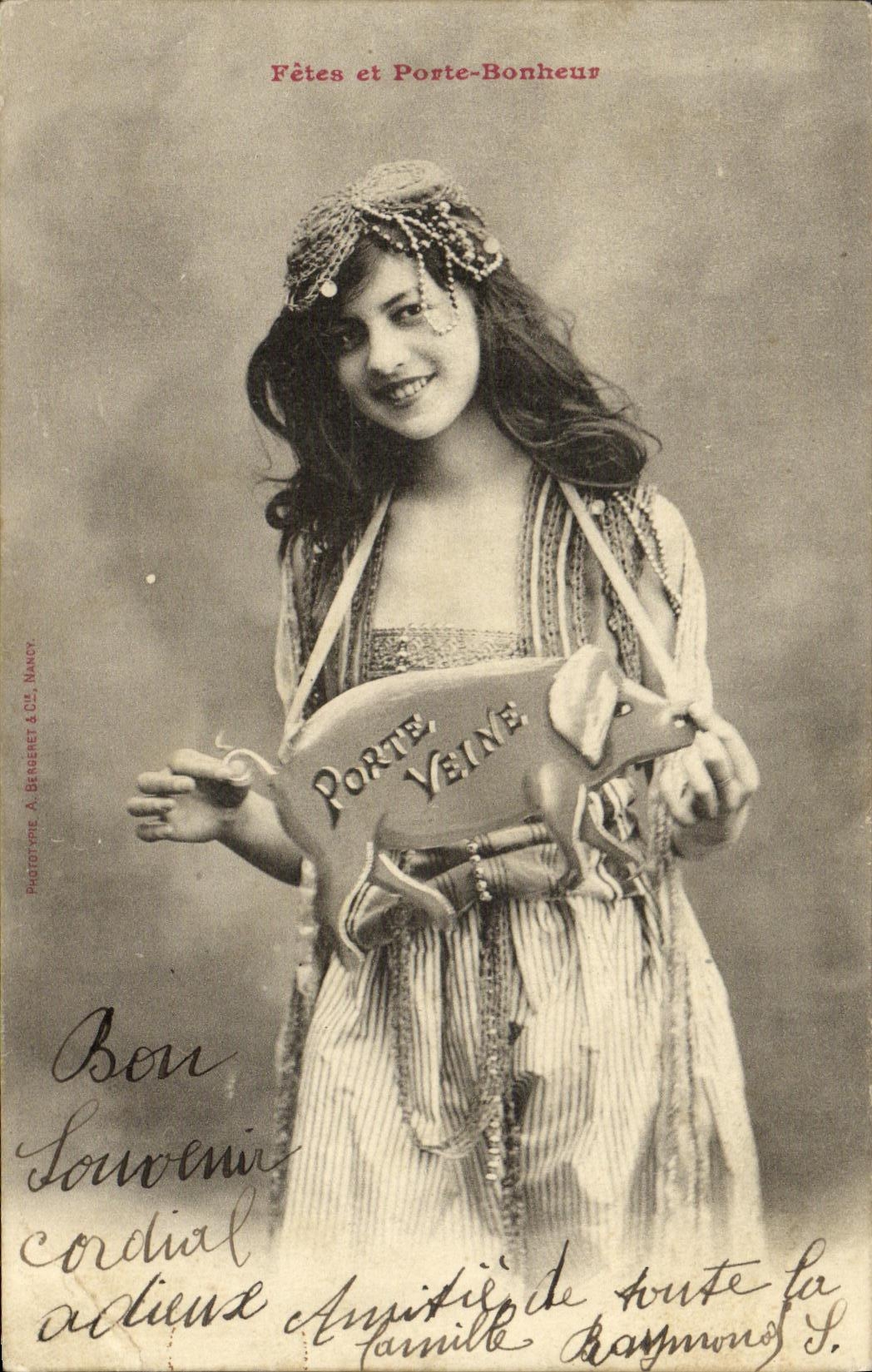 VINTAGE POSTCARD Fantaisie Woman Celebrates and carries Pore happiness Veins Pig