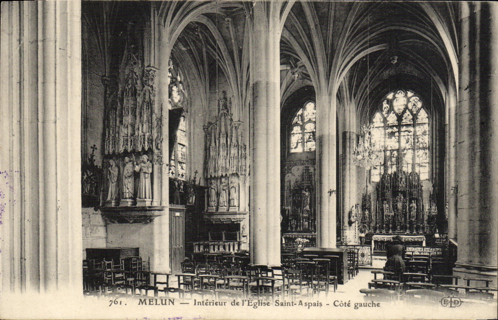 VINTAGE POSTCARD Interior Melun of L church Saint Aspais Left side