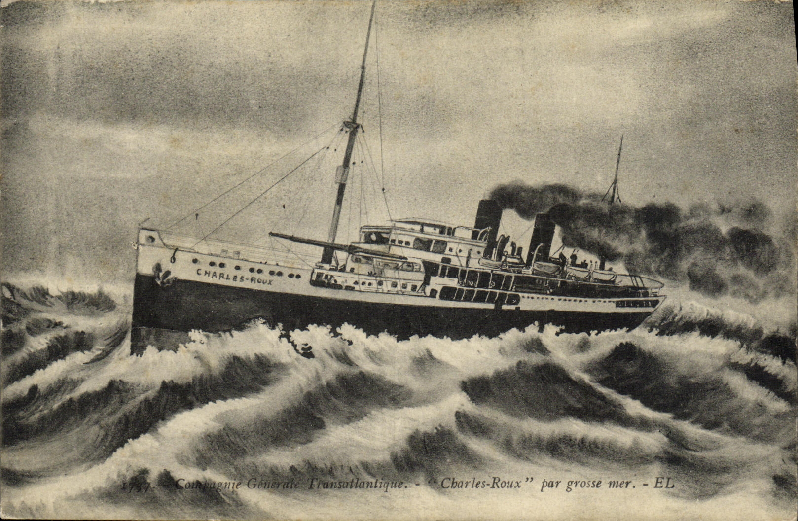 VINTAGE POSTCARD Steamer general Company Transatlantic Charles Roux by heavy sea