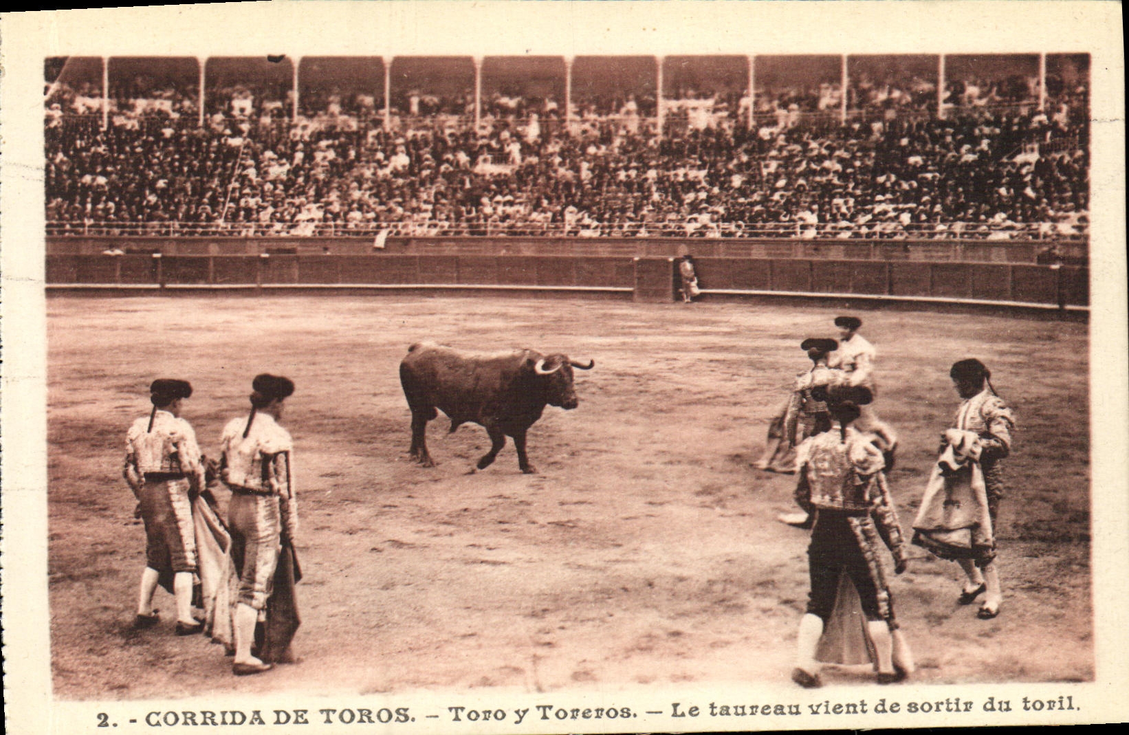 El deporte Espana Corrida Toro Taureau de la POSTAL de la VENDIMIA el toro acaba de salir del Toril