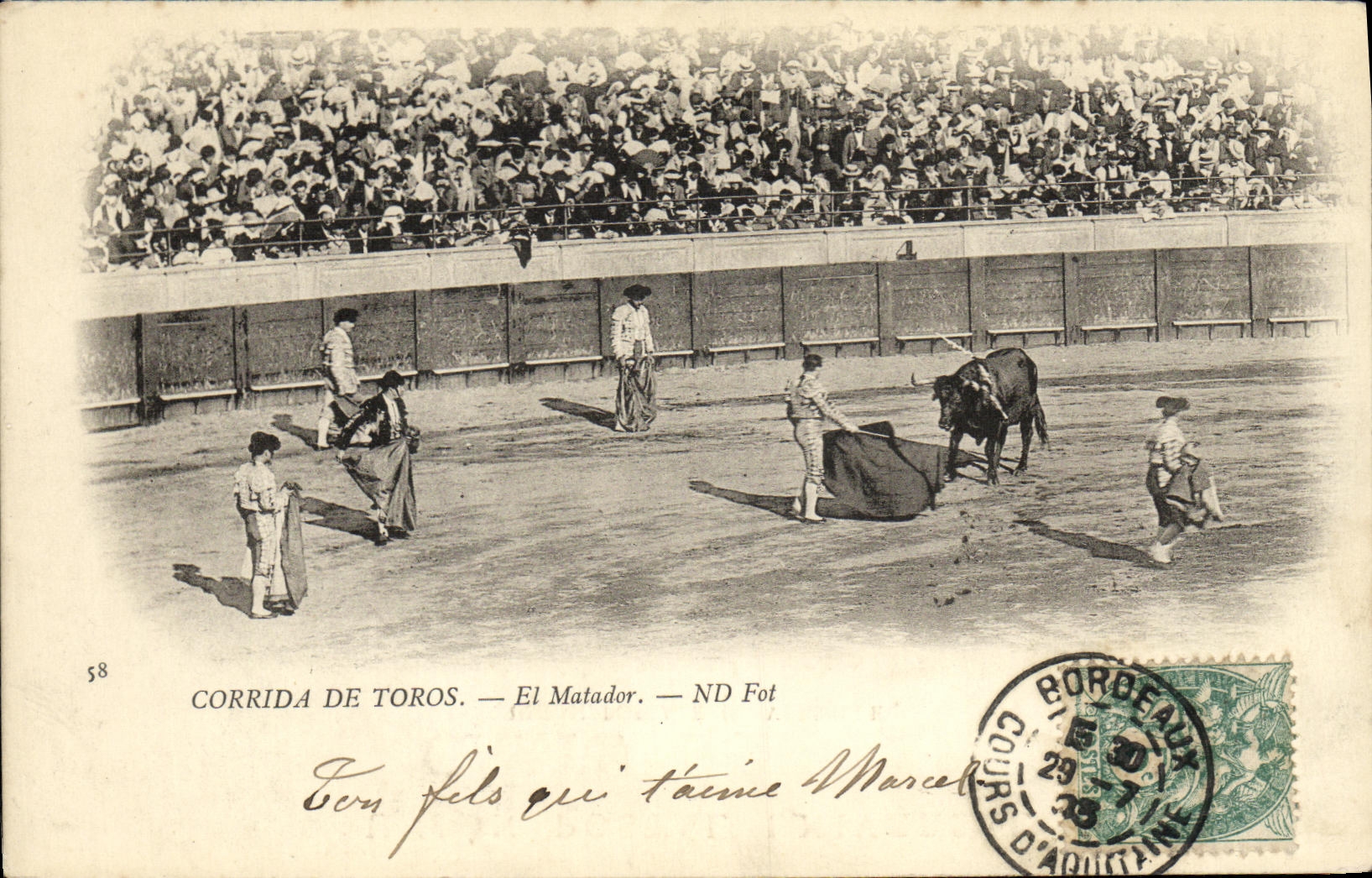 EL Matador de Toro Bull de la corrida de Espana del deporte de la POSTAL de la VENDIMIA