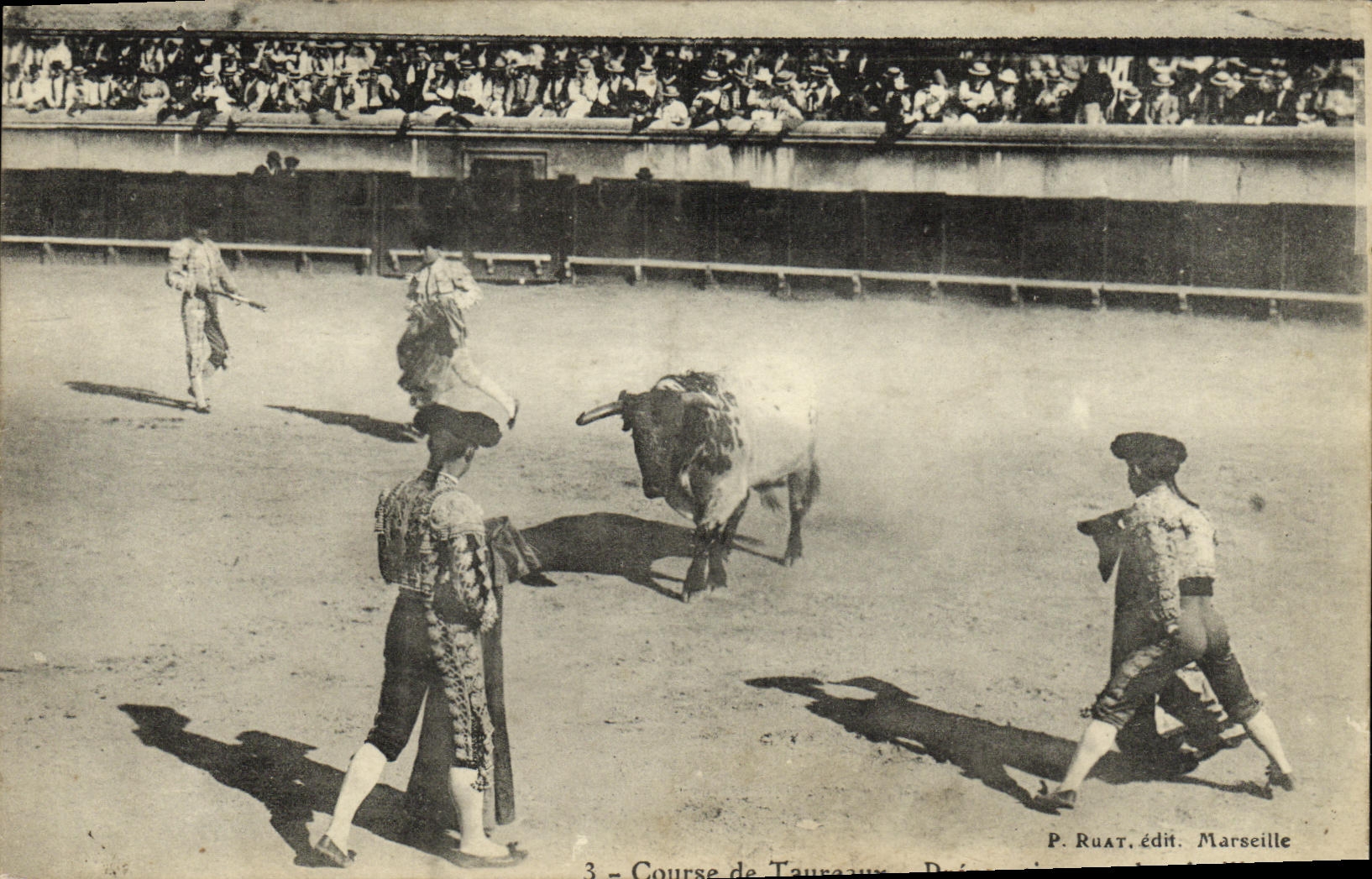 Preparacion de Toro Bull de la corrida de Espana del deporte de la POSTAL de la VENDIMIA con los banderillas